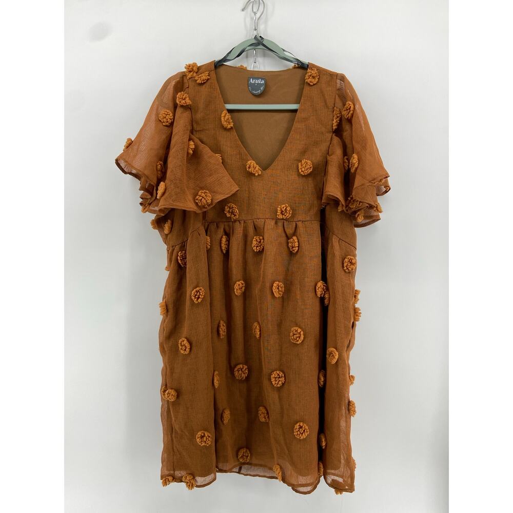 NWT Swiss Dot Babydoll Boho Brown Ruffle Sleeve Dress